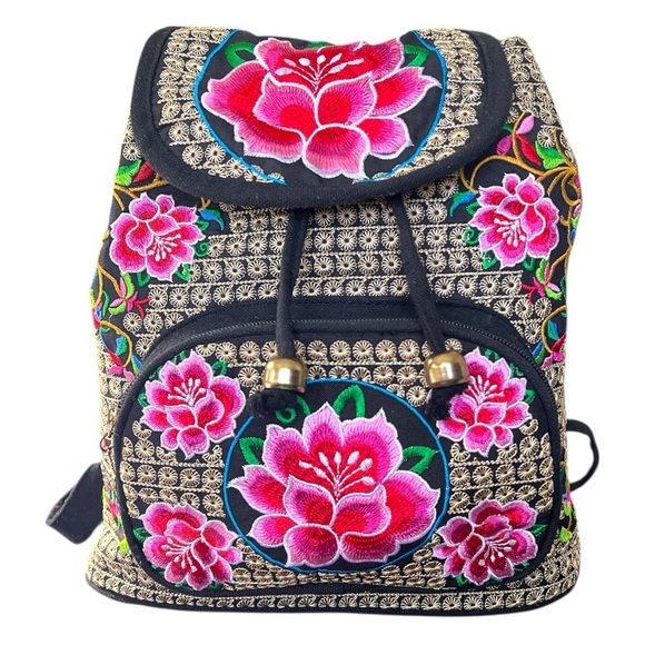 Boho Hippie Gypsy Embroidered Art to Wear Floral Cinch Sack Backpack Handbag - Picture 1 of 10